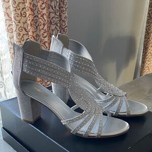 Shimmering Silver Block Heel Sandals